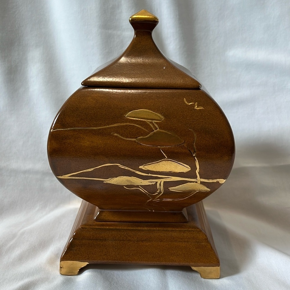 Vintage 1958 Ceramic Urn with Painted Gold Bonsai Trees